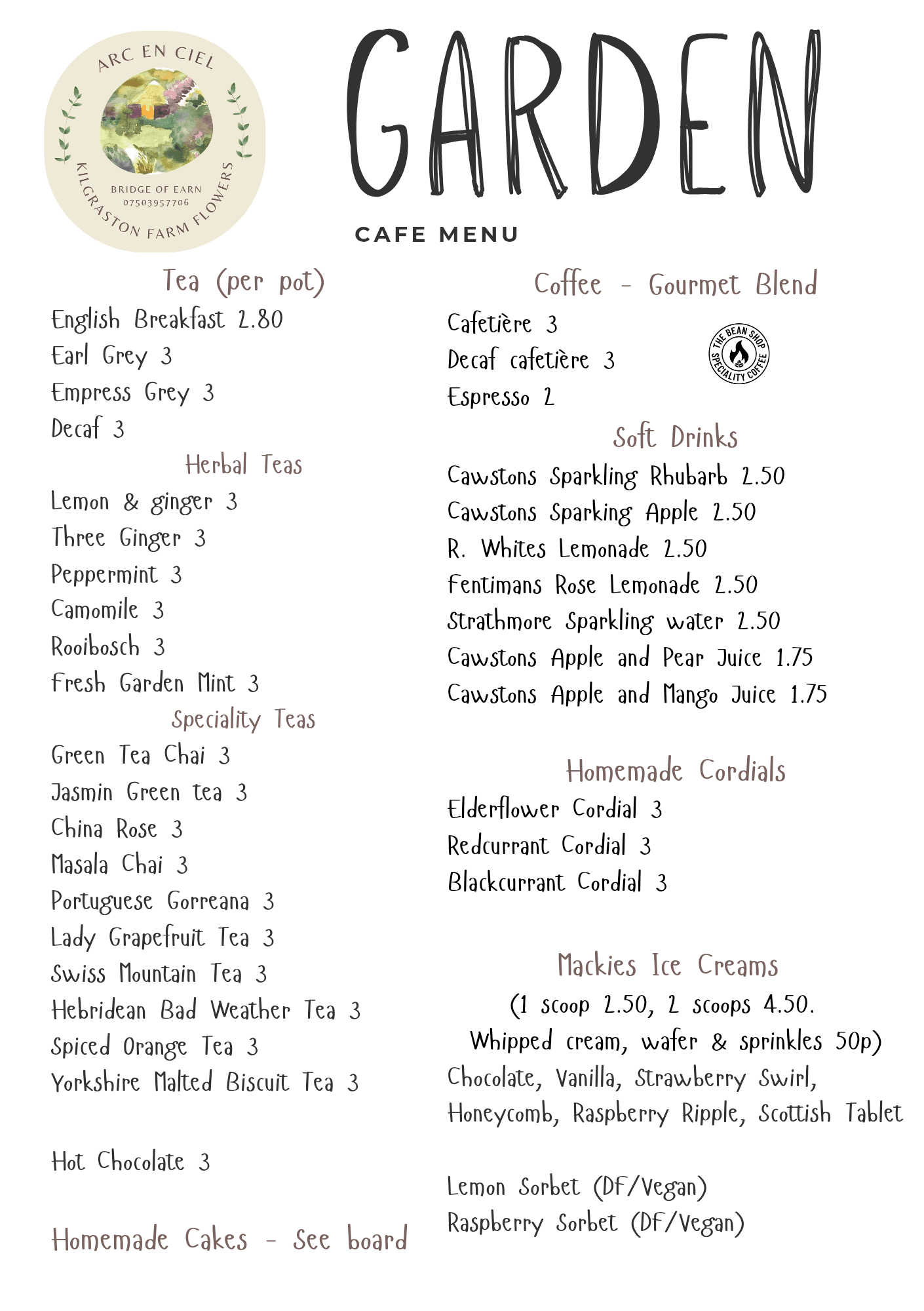 The snacks and drinks menu of the Garden Cafe.